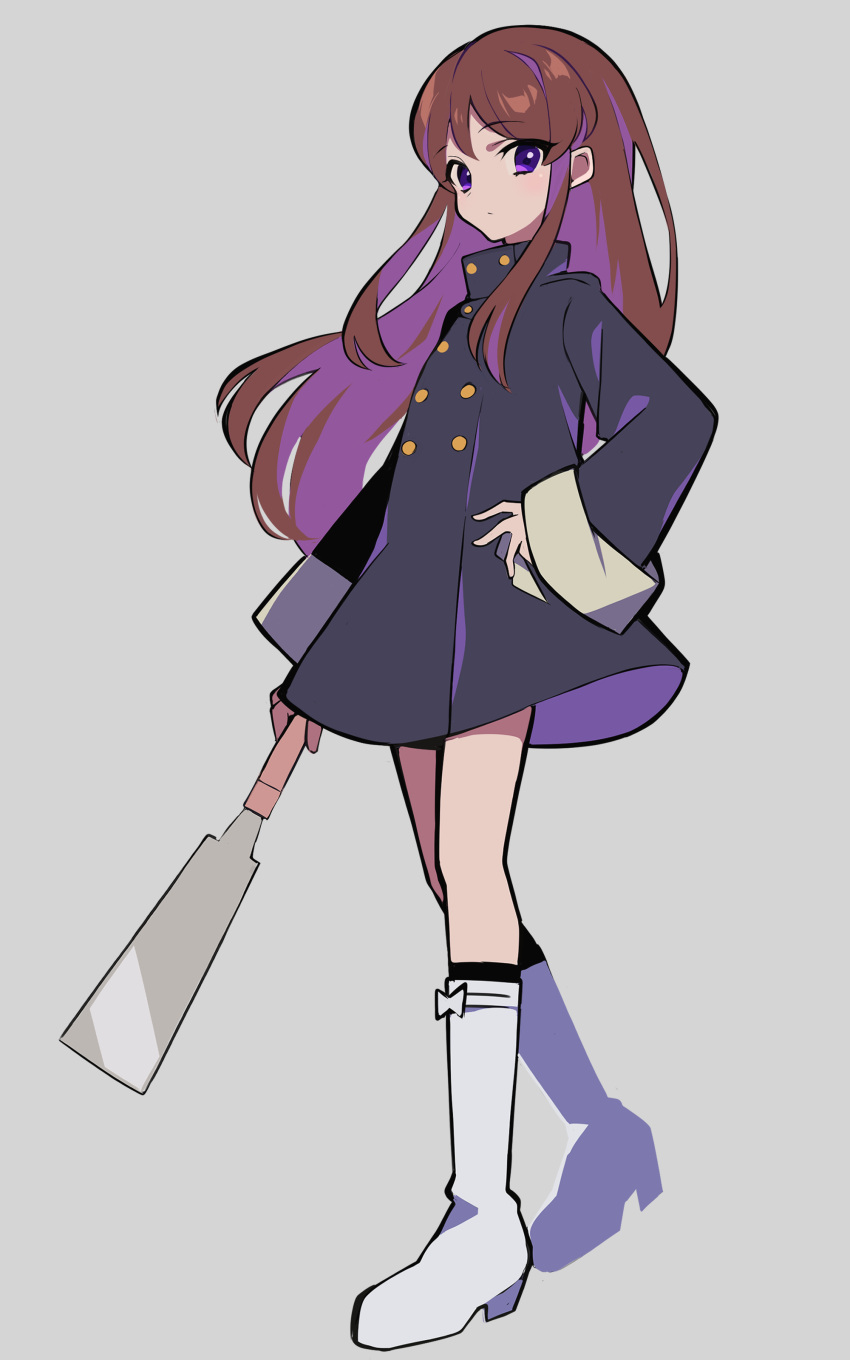 1girl absurdres aikatsu! aikatsu!_(series) blue_coat boots brown_hair buttons coat double-breasted expressionless full_body grey_background hand_on_hip highres holding knee_boots long_coat long_hair long_sleeves looking_at_viewer multicolored_hair purple_eyes purple_hair saw school_uniform shibuki_ran simple_background solo starlight_academy_uniform two-tone_hair uhouhogorigori white_footwear
