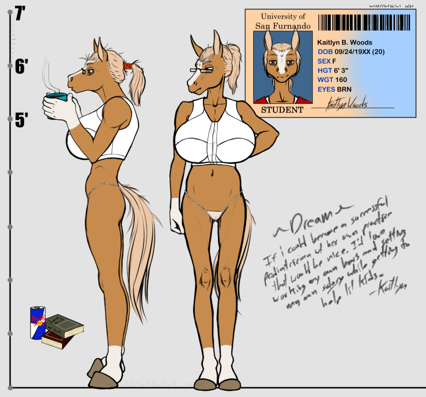 anthro big_breasts breasts clothing college_student english_text equid equine female female/female genitals hair hi_res horse huge_breasts kaitlyn_(wsad) mammal model_sheet ponytail pussy skinny solo text translucent translucent_clothing wsad_(artist)