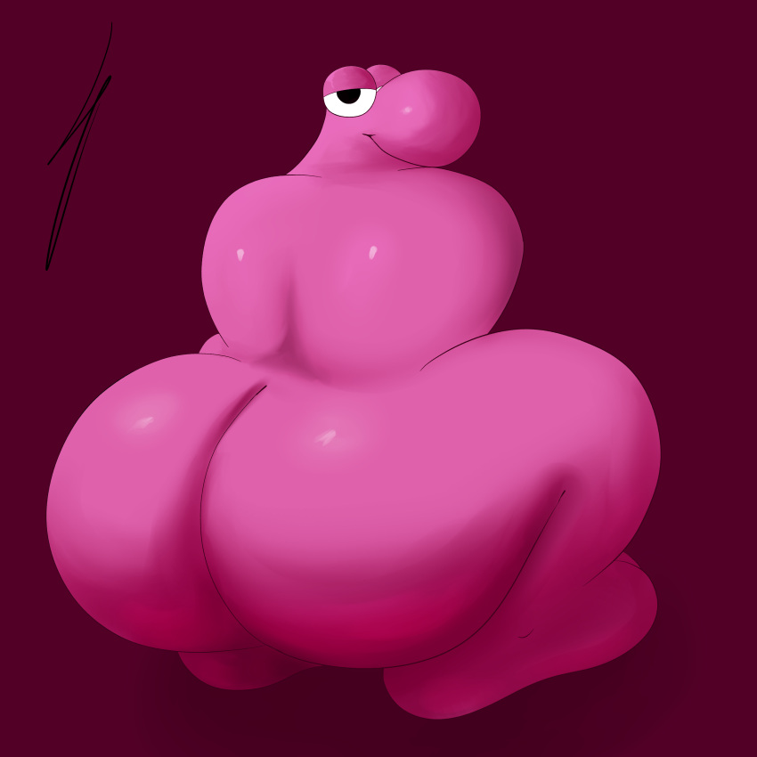 1:1 absurd_res ambiguous_gender anthro big_butt butt candy dessert digital_media_(artwork) eye_moisturizer food glistening glistening_body hi_res huge_butt huge_thighs humanoid junk_food looking_back nerds nude overweight pink_body pink_skin simple_background smile solo thick_thighs wide_hips wonka