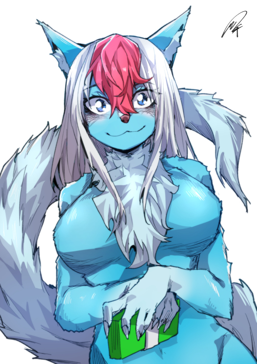 :3 absurd_res anthro blue_body blue_eyes blue_fur bust_portrait canid canine chest_fur female fluffy fluffy_tail fur hair half-length_portrait hi_res mammal meme money multicolored_hair nude portrait red_hair simple_background solo suspiciously_wealthy_furry takoongyi white_background white_hair