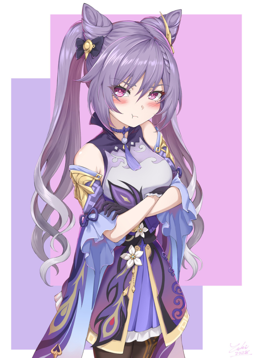 1girl bangs bare_shoulders black_legwear blush breasts crossed_arms double_bun dress genshin_impact gloves hair_ornament highres keqing long_hair looking_at_viewer medium_breasts pantyhose pout purple_dress purple_eyes purple_gloves purple_hair swept_bangs tearing_up twintails yuki7128