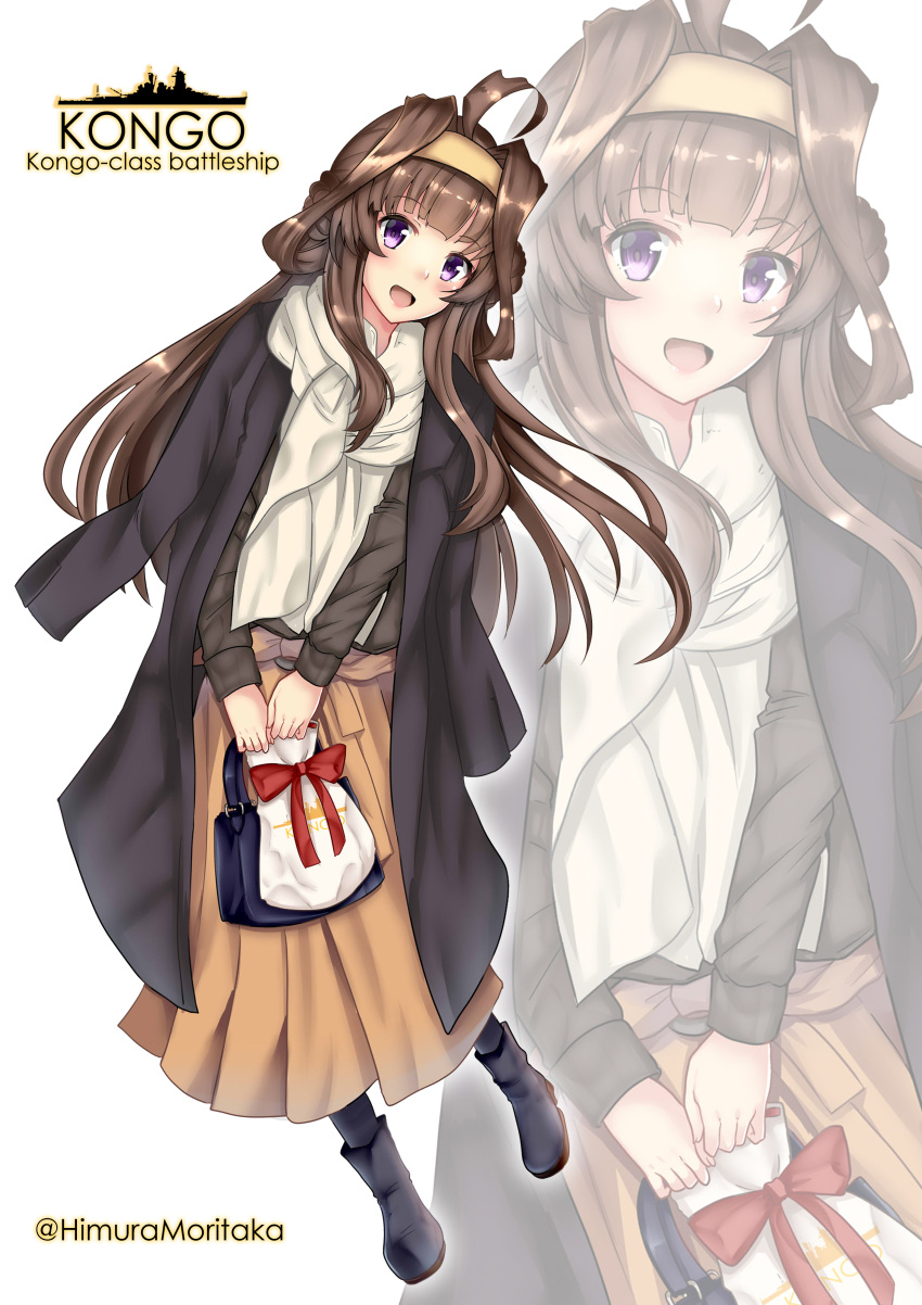 1girl absurdres ahoge bag beige_skirt black_coat black_sweater breasts brown_eyes brown_hair character_name coat coat_on_shoulders double_bun fire_maxs full_body hairband handbag highres kantai_collection kongou_(kantai_collection) long_hair long_skirt long_sleeves looking_at_viewer official_alternate_costume orange_skirt scarf skirt solo sweater white_scarf zoom_layer