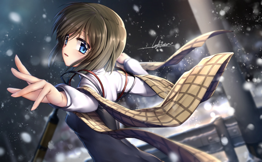 1girl arms_up artist_name bangs black_hair blue_eyes blurry blurry_background blush breasts eyebrows_visible_through_hair highres kanon key_(company) looking_at_viewer looking_back medium_hair milia_simohayha misaka_shiori night parted_lips ribbon scarf signature small_breasts snow winter