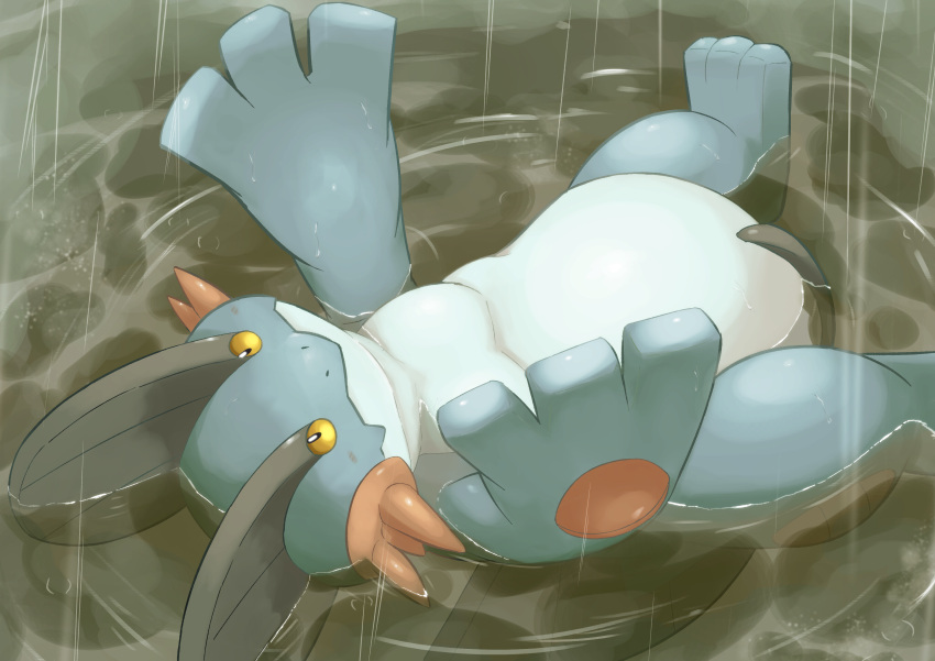 absurd_res ambiguous_gender blush chiwidth feral floating hi_res looking_at_viewer lying nintendo on_back pok&eacute;mon pok&eacute;mon_(species) raining semi-anthro slightly_chubby solo swampert video_games water