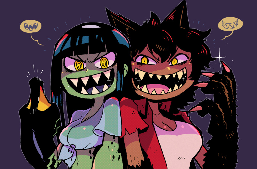 2girls :d animal_ears black_hair black_skin breasts claws cleavage colored_skin dark_skin dark_skinned_female fingernails green_skin halftone hand_up highres jacket kappa large_breasts long_hair looking_at_viewer middle_finger monster_girl multicolored multicolored_skin multiple_girls neneko_(rariatto) open_clothes open_jacket open_mouth original purple_background rariatto_(ganguri) red_jacket ringed_eyes rudi_(rariatto) sharp_fingernails sharp_teeth shirt short_sleeves smile sparkle spoken_expression teeth tied_shirt two-tone_skin webbed_hands wet wet_clothes wet_shirt white_shirt wolf_ears yellow_eyes