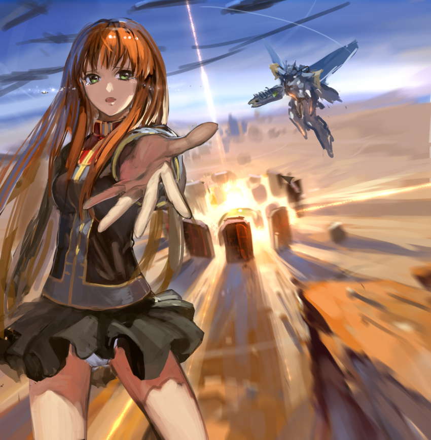 1girl balgora bangs black_skirt breasts brown_hair crying explosion green_eyes gun highres holding holding_gun holding_weapon jeanex looking_at_viewer mecha mechanical_wings military military_uniform open_hand open_mouth outstretched_arm panties pantyshot skirt small_breasts super_robot_wars_z thighhighs underwear uniform weapon white_panties wind wind_lift wings