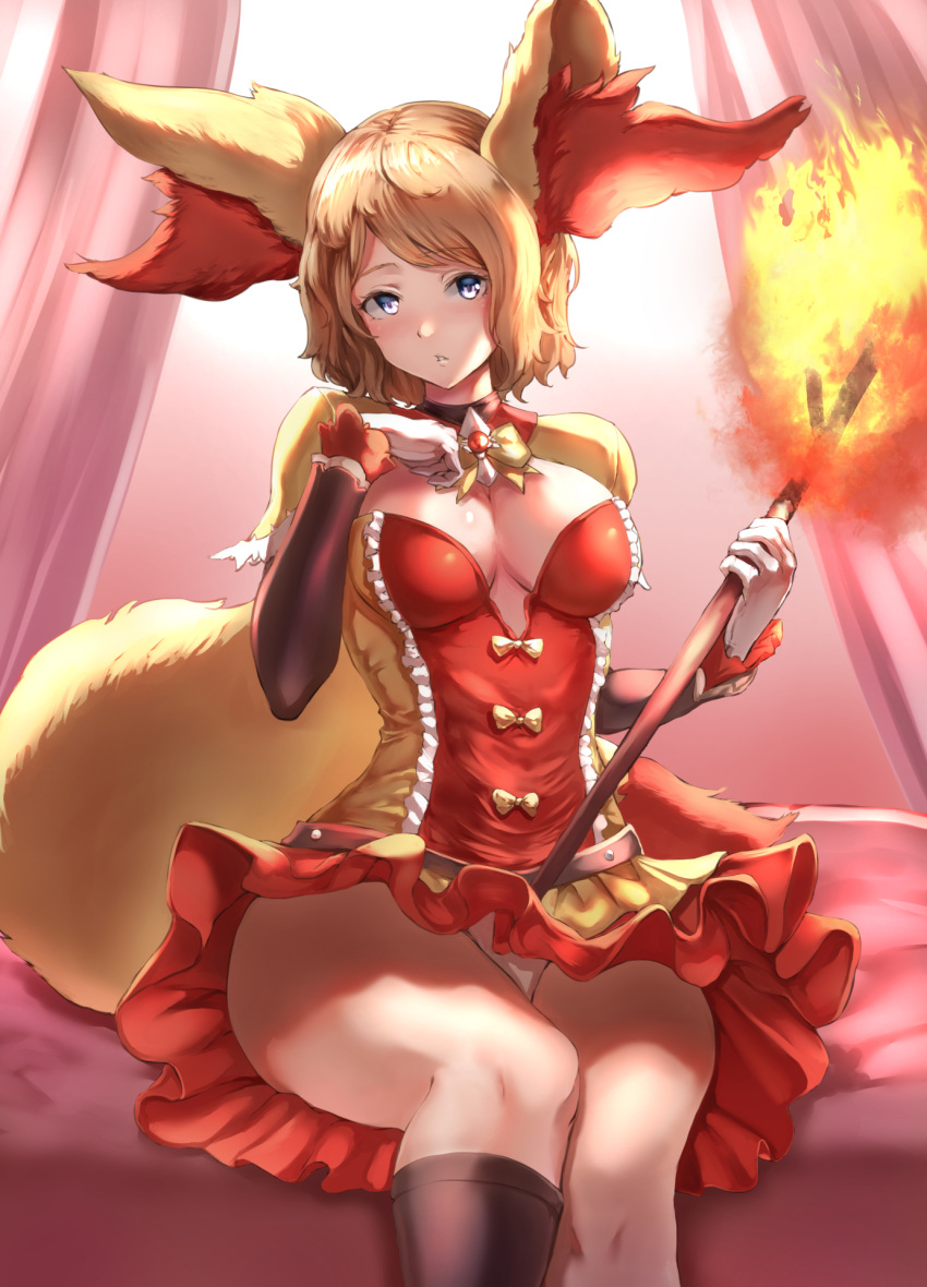 1girl bangs blonde_hair blush bow braixen braixen_(cosplay) breasts brown_legwear cleavage commentary_request cosplay dress eyebrows_visible_through_hair eyelashes fire gen_6_pokemon gloves highres holding holding_stick jojobirdz knees looking_at_viewer panties pantyshot parted_lips pokemon pokemon_(anime) pokemon_ears pokemon_tail pokemon_xy_(anime) serena_(pokemon) shiny shiny_hair shiny_skin short_hair sitting socks solo stick underwear yellow_bow