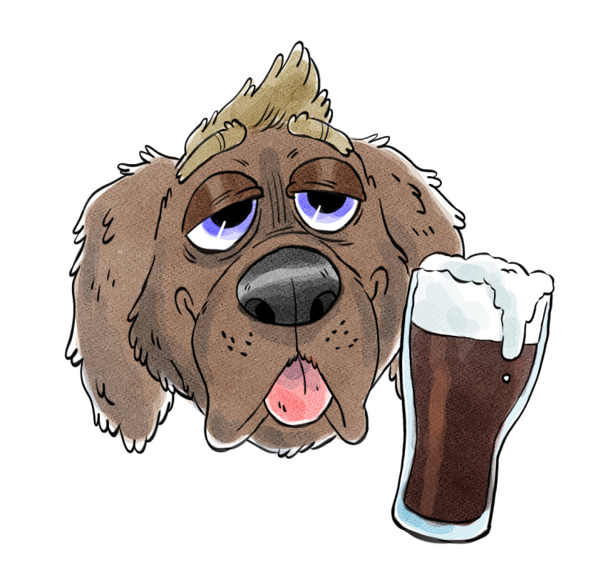 alcohol anthro beer beer_glass beverage blue_eyes canid canine canis devin_d_parlett dewlap_(anatomy) digital_media_(artwork) domestic_dog eyebrows glass_cup grey_nose hi_res icon jowls light_brown_hair male mammal molosser mountain_dog newfoundland_dog pink_tongue solo thirsty tongue zerda-fox