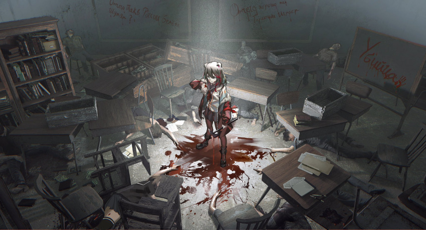 1girl animal_ears arknights arm_up axe bangs bear_ears bear_girl black_footwear black_hair black_jacket black_sailor_collar black_skirt blood blood_on_face bloody_hands bloody_weapon book bookshelf boots cardigan chair chalkboard classroom closed_mouth commentary_request corpse death desk highres holding holding_axe indoors jacket knee_boots looking_down miniskirt multicolored_hair multiple_others neckerchief open_clothes open_jacket pantyhose pen polaris_h red_hair red_legwear red_neckwear russian_commentary russian_text sailor_collar school_chair school_desk skirt solo_focus spotlight standing streaked_hair translation_request weapon white_cardigan zima_(arknights)