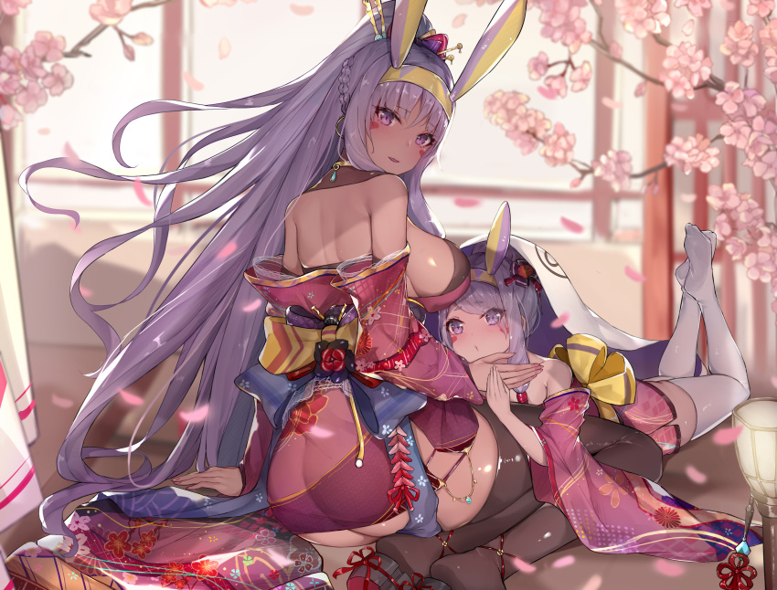 2girls absurdres animal_ears ass back bangs bare_shoulders black_legwear blush braid breasts cherry_blossoms commentary_request dark_skin dark_skinned_female dual_persona earrings egyptian facepaint facial_mark fate/grand_order fate_(series) floral_print french_braid hair_tubes headband high_ponytail highres hoop_earrings jackal_ears japanese_clothes jewelry kimono large_breasts long_hair long_sleeves looking_at_viewer looking_back multiple_girls nitocris_(fate/grand_order) obi off_shoulder open_mouth purple_eyes purple_hair purple_kimono revision sash sherryqq sidelocks thighhighs thighs white_legwear wide_sleeves younger