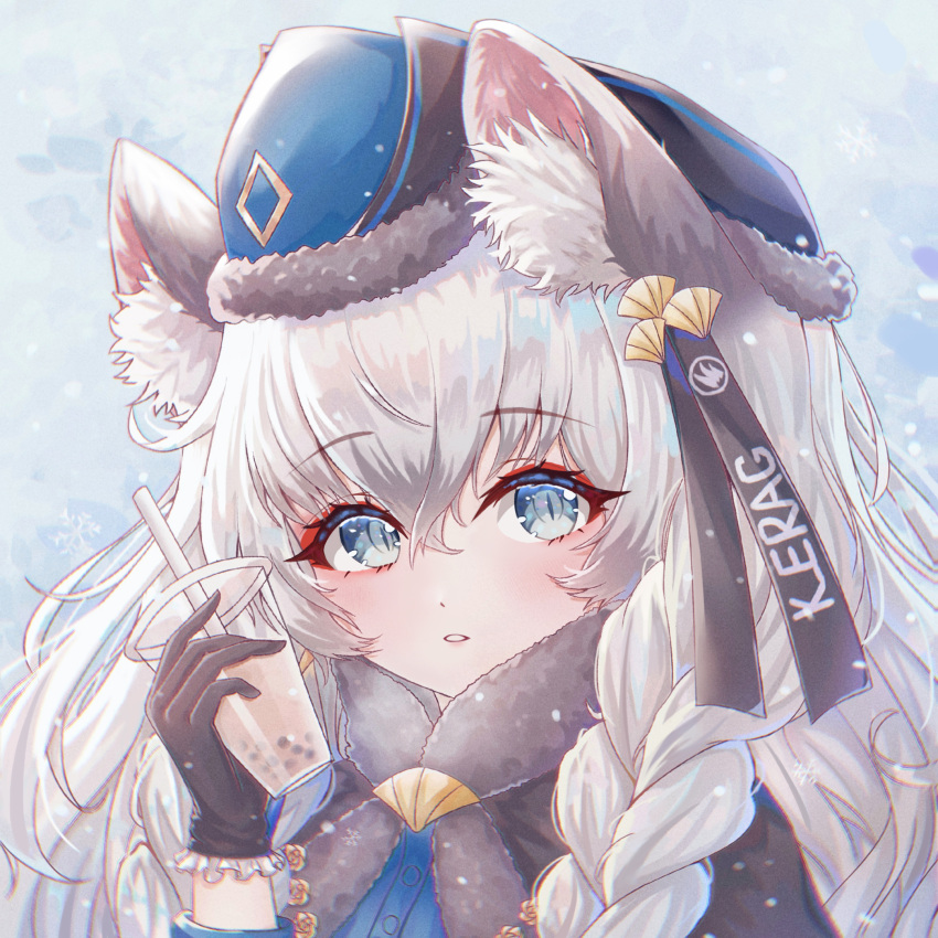 1girl animal_ear_fluff animal_ears arknights black_gloves blue_hat braid drink gloves grey_eyes grey_hair hair_between_eyes hand_up hat highres holding holding_drink leopard_ears long_hair looking_at_viewer nalukikiki official_alternate_costume parted_lips pramanix_(arknights) pramanix_(caster's_frost)_(arknights) snow snowflakes solo twin_braids white_theme