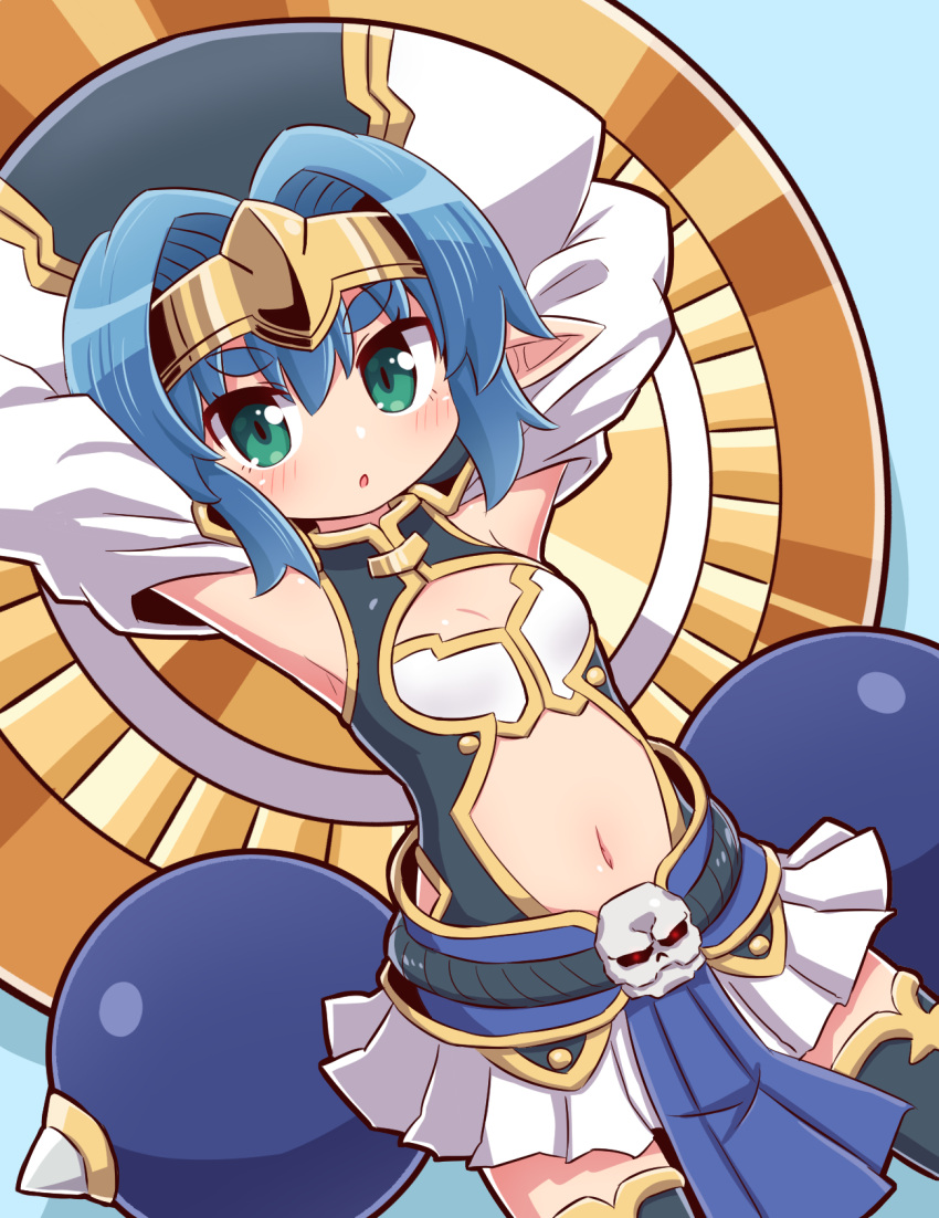 1girl :o armpits arms_up bangs black_legwear blue_background blue_hair blush breasts commentary_request detached_sleeves dutch_angle eyebrows_visible_through_hair green_eyes hair_between_eyes hair_intakes hat headpiece hellmatio highres looking_at_viewer naga_u navel parted_lips pleated_skirt revision shinrabanshou skirt small_breasts solo thick_eyebrows thighhighs white_headwear white_skirt white_sleeves