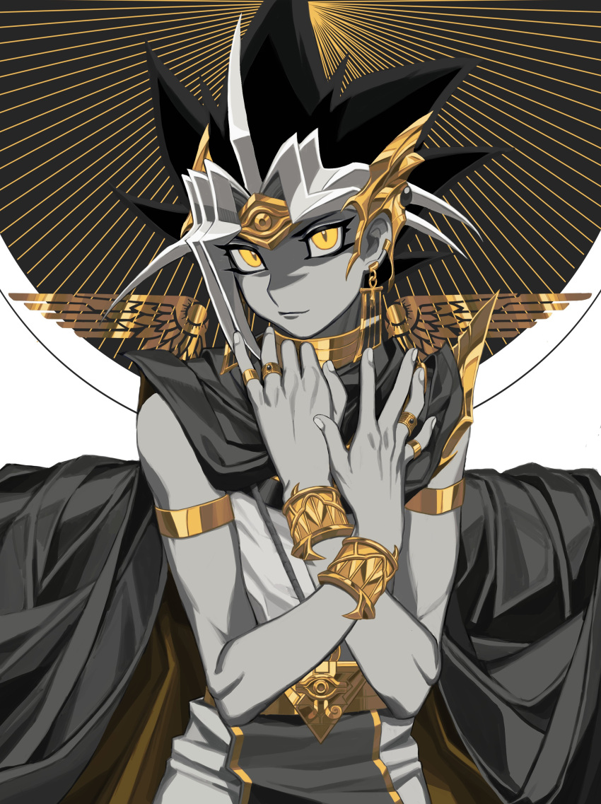 1boy absurdres atem black_hair cbow closed_mouth eyelashes fingernails grey_hair hands_up highres jewelry looking_at_viewer male_focus millennium_puzzle multicolored_hair orange_eyes smile solo spiked_hair spot_color yu-gi-oh! yu-gi-oh!_duel_monsters