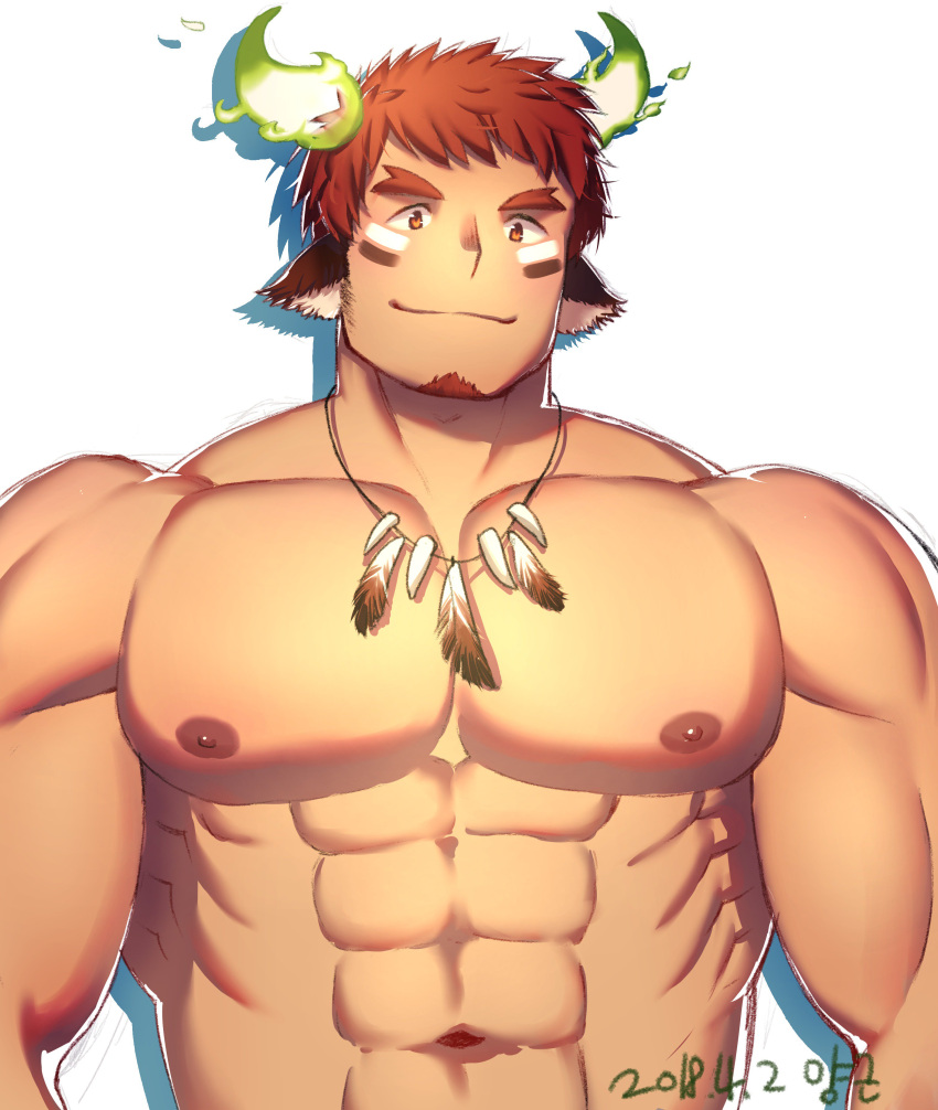 1boy abs absurdres animal_ears bara brown_eyes brown_hair cow_boy cow_ears cow_horns dark_skin dark_skinned_male dated facial_hair feather_necklace fiery_horns forked_eyebrows glowing_horns goatee highres horns looking_at_viewer male_focus muscular muscular_male navel nipples nude pectorals short_hair smile solo spiked_hair thick_eyebrows tokyo_houkago_summoners upper_body wakan_tanka white_background yang_geon