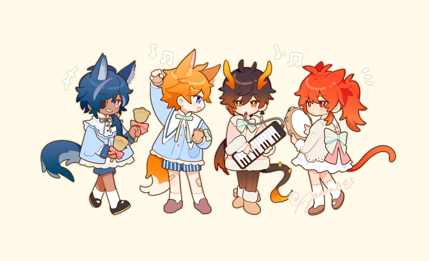 4boys absurdres animal_ears arm_up bangs bell black_hair blue_eyes blue_hair bow brown_hair cat_boy cat_ears cat_tail child closed_mouth dark_skin dark_skinned_male diluc_(genshin_impact) dragon_horns dragon_tail earrings eyebrows_visible_through_hair eyepatch fox_ears fox_tail frills from_behind genshin_impact hair_between_eyes highres holding holding_instrument horns instrument jacket jewelry kaeya_(genshin_impact) keyboard_(instrument) long_hair long_sleeves looking_at_another looking_at_viewer male_focus multicolored_hair multiple_boys musical_note notice_lines open_mouth orange_hair para049 ponytail red_eyes red_hair ribbon short_hair shorts simple_background single_earring smile tail tambourine tartaglia_(genshin_impact) tassel tassel_earrings wolf_ears wolf_tail yellow_eyes younger zhongli_(genshin_impact)