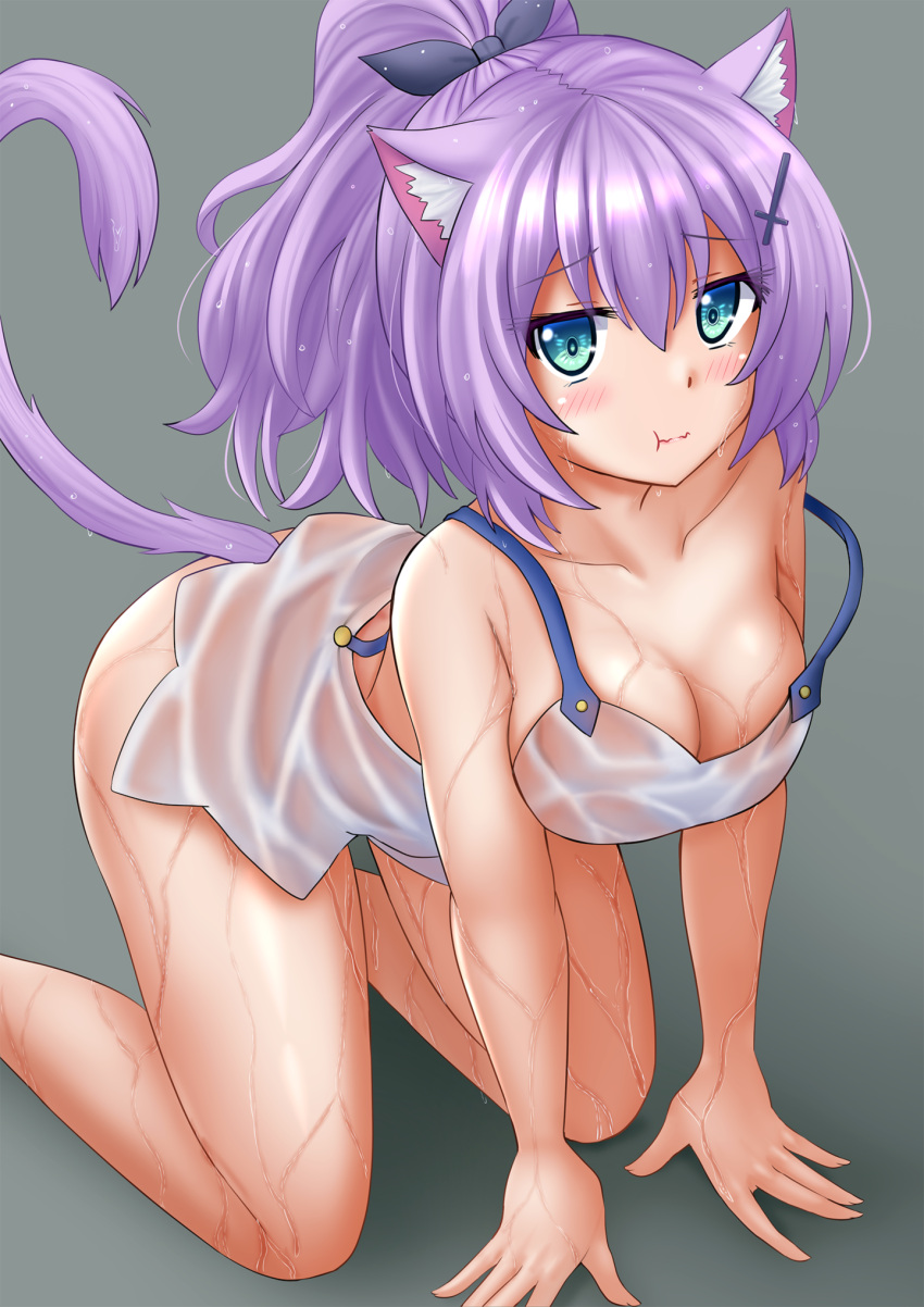 1girl :t all_fours animal_ear_fluff animal_ears azur_lane bare_arms bare_shoulders black_ribbon bottomless breasts camisole cat_ears cat_girl cat_tail cleavage closed_mouth collarbone commentary feet_out_of_frame green_eyes grey_background hair_ornament hair_ribbon high_ponytail highres javelin_(azur_lane) kazenokaze kemonomimi_mode looking_at_viewer medium_breasts ponytail purple_hair ribbon see-through shadow solo tail wavy_mouth wet wet_clothes white_camisole