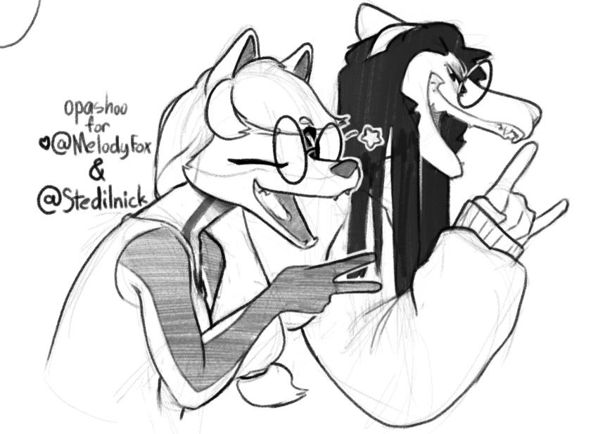 2021 anthro canid canine devil_horns_(gesture) didelphid duo eyewear female fox gesture glasses hi_res mammal marsupial marylin_(hladilnik) monochrome one_eye_closed open_mouth open_smile pashoo sasha_(melodyfox) smile v_sign wink