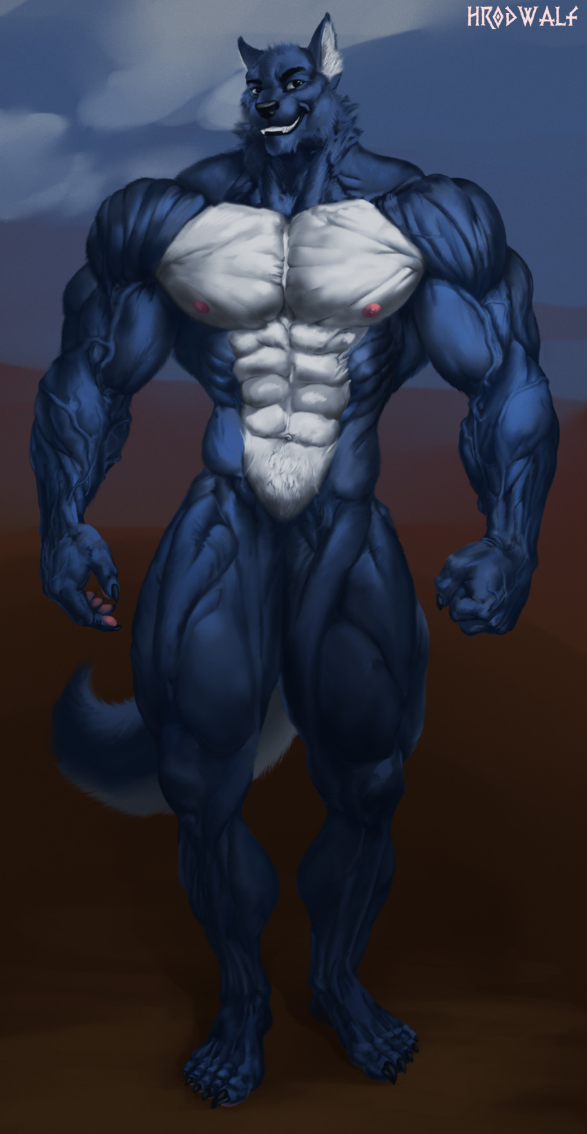 absurd_res anthro big_muscles canid canine canis hi_res hrodwalf male mammal muscular muscular_male nipples solo were werecanid werecanine werewolf wolf