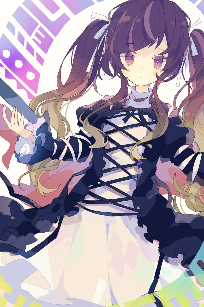 1girl alternate_hairstyle brown_hair closed_mouth cowboy_shot cross-laced_clothes dress eyebrows_visible_through_hair gradient_hair hair_ribbon highres hijiri_byakuren holding holding_scroll juliet_sleeves layered_dress long_hair long_sleeves looking_at_viewer multicolored_hair nikorashi-ka puffy_sleeves purple_eyes purple_hair ribbon scroll simple_background solo sorcerer's_sutra_scroll standing touhou turtleneck_dress twintails two-tone_hair white_background white_ribbon