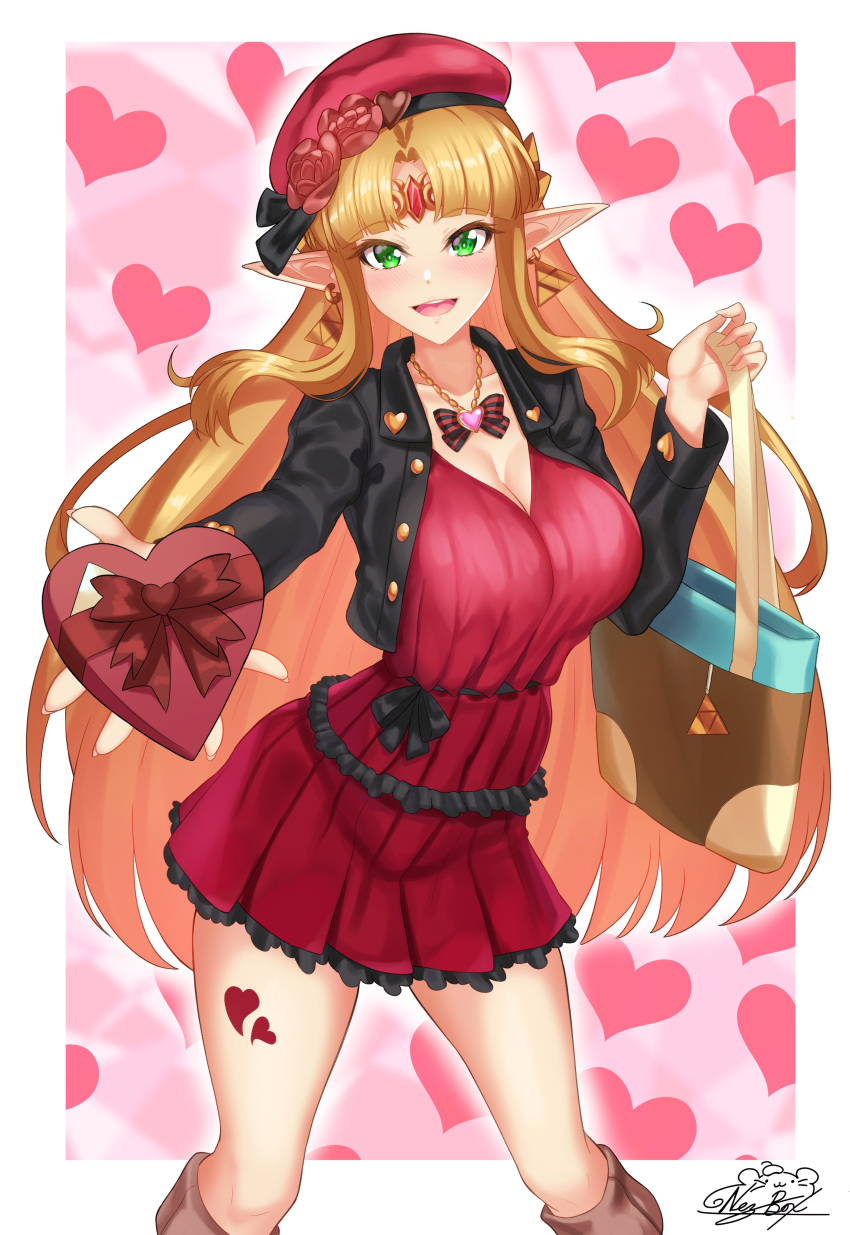 1girl absurdres artist_name blonde_hair breasts candy chocolate chocolate_heart circlet cleavage commission contemporary cropped_jacket dress earrings english_commentary eyebrows_visible_through_hair food green_eyes hat heart heart_background highres jewelry large_breasts long_hair long_sleeves looking_at_viewer necklace nez-box pointy_ears princess_zelda signature solo standing the_legend_of_zelda triforce valentine very_long_hair watermark