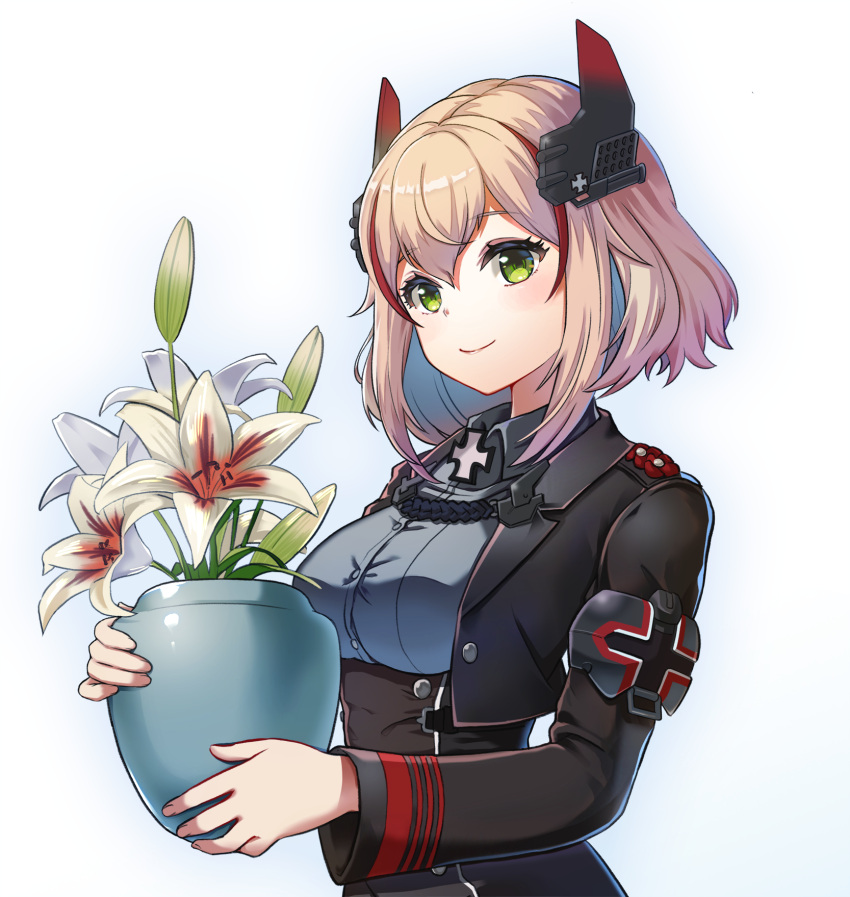 1girl armband azur_lane bangs black_jacket blonde_hair breasts buttons closed_mouth collared_shirt commentary double-breasted flower from_side green_eyes grey_shirt hair_between_eyes head_tilt highres holding holding_pot iron_cross jacket long_sleeves medium_breasts multicolored_hair orchid plant pot potted_plant red_hair roon shirt short_hair sidelocks smile solo standing streaked_hair umipro upper_body