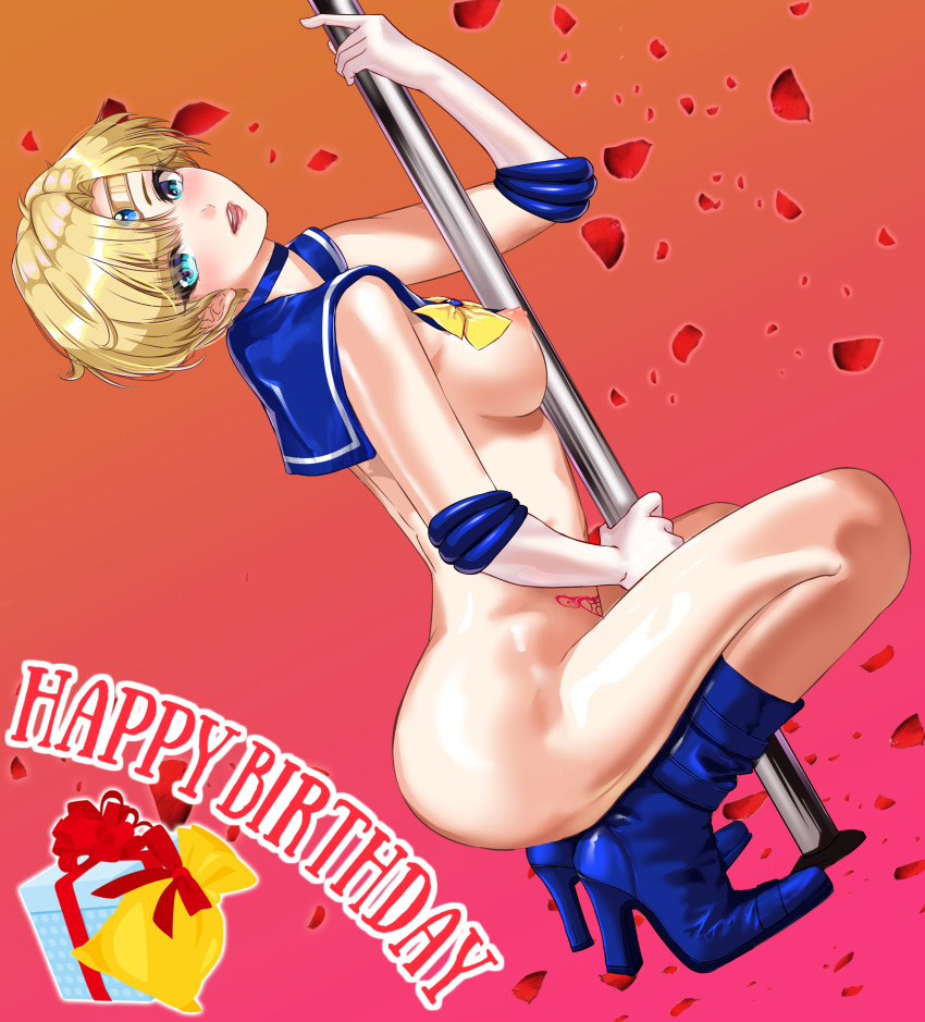 :q absurdres arion_canvas bangs bishoujo_senshi_sailor_moon blonde_hair blue_choker blue_eyes blue_footwear blue_sailor_collar boots bow breasts choker circlet commentary_request dutch_angle elbow_gloves from_side gloves gradient gradient_background happy_birthday high_heel_boots high_heels highres knee_boots looking_at_viewer looking_to_the_side medium_breasts nipples nude parted_bangs parted_lips pink_background pubic_tattoo sailor_collar sailor_uranus short_hair squatting stripper_pole tattoo ten'ou_haruka tongue tongue_out white_gloves yellow_bow