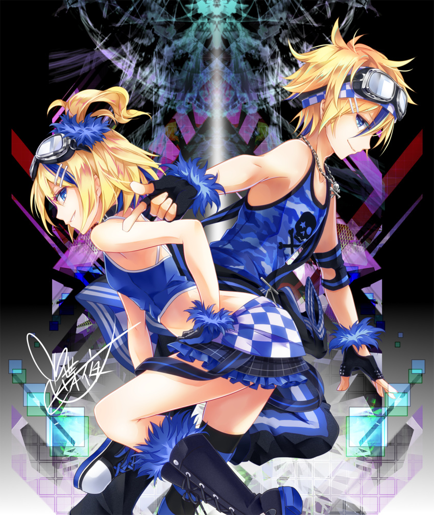 1boy 1girl bare_shoulders black_background black_gloves blonde_hair blue_shirt blue_skirt boots burning_stone_(module) chain_necklace checkered checkered_skirt crop_top fingerless_gloves from_side gloves goggles goggles_on_head grin hair_ornament hair_scrunchie hand_on_hip headband highres jewelry kagamine_len kagamine_rin knee_boots lightning_stone_(module) looking_at_viewer necklace outstretched_arm pants parted_lips project_diva_(series) rettou_joutou_(vocaloid) scrunchie shirt short_hair sideways_glance skirt skull_print smile tank_top track_pants tyouya vocaloid wrist_scrunchie