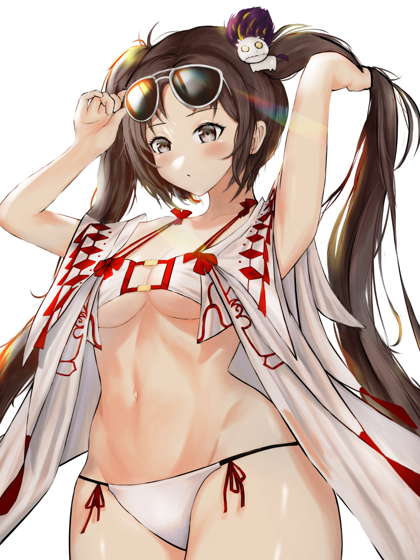 1girl absurdres armpits arms_up bangs bare_shoulders bikini black_hair blush breasts cleavage closed_mouth collarbone consort_yu_(fate) fate/grand_order fate_(series) foongsheng grey_eyes hair_ornament highres holding holding_eyewear holding_hair long_hair looking_down medium_breasts navel sidelocks simple_background solo sunglasses swimsuit swimwear twintails underwear white_background white_bikini yu_miaoyi_(swimsuit_lancer)