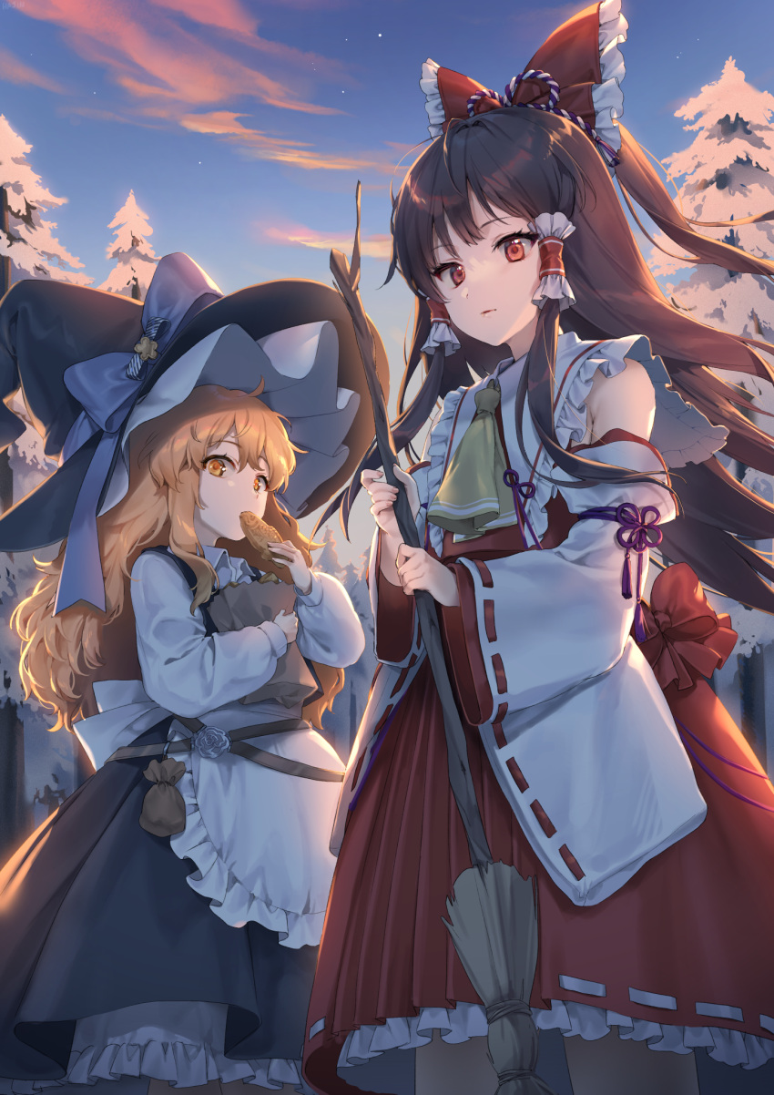 2girls apron ascot banned_artist bare_shoulders black_hair black_headwear black_skirt blonde_hair bow broom commentary_request detached_sleeves dress frilled_bow frilled_shirt_collar frills hair_bow hajin hakurei_reimu hat highres holding holding_broom kirisame_marisa long_hair long_sleeves multiple_girls outdoors petticoat red_bow red_dress red_eyes skirt touhou waist_apron white_apron wide_sleeves witch_hat yellow_eyes yellow_neckwear