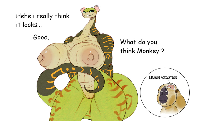 absurd_res anthro big_breasts brain breasts dialogue digital_media_(artwork) dreamworks duo english_text female fur genitals green_body green_scales hands_behind_back haplorhine hi_res huge_breasts kung_fu_panda looking_at_viewer male mammal master_monkey master_viper monkey muscular muscular_female nipples nude open_mouth organs primate pussy reptile scales scalie simple_background smile snake teeth text thick_thighs venjiiart x-ray