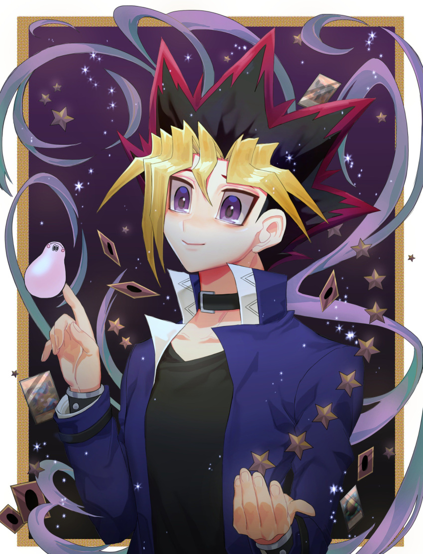 1boy absurdres black_collar black_hair black_shirt blonde_hair card cbow closed_mouth collar highres index_finger_raised jacket long_sleeves male_focus multicolored_hair mutou_yuugi open_clothes open_jacket purple_eyes school_uniform shirt smile solo spiked_hair star_(symbol) t-shirt yu-gi-oh!