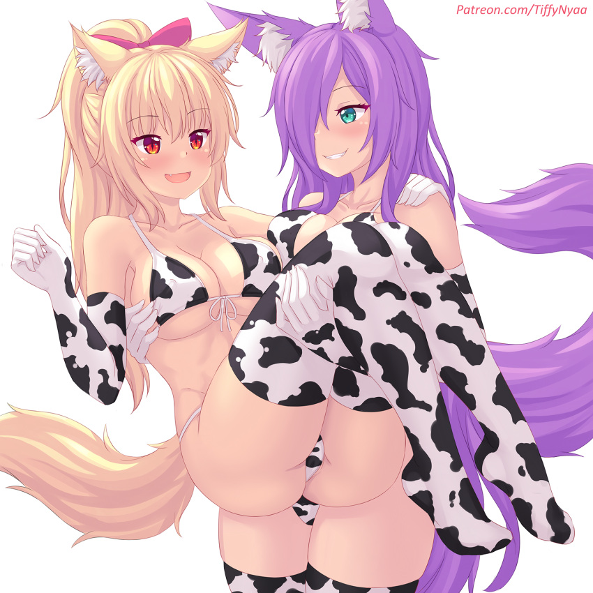 2girls :d animal_ear_fluff animal_ears animal_print ass asymmetrical_docking bangs bikini blonde_hair breast_press breasts carrying cleavage collarbone commentary covered_nipples cow_print cowboy_shot elbow_gloves eye_contact eyebrows_visible_through_hair fang front-tie_bikini front-tie_top gloves grin hair_over_one_eye hand_on_another's_shoulder highres kurona_reole large_breasts long_hair looking_at_another multicolored multicolored_bikini multicolored_clothes multicolored_gloves multiple_girls nottytiffy open_mouth original patreon_username ponytail princess_carry purple_hair red_eyes slit_pupils smile swimsuit teeth thighhighs thighs tiffy_(nottytiffy) yuri