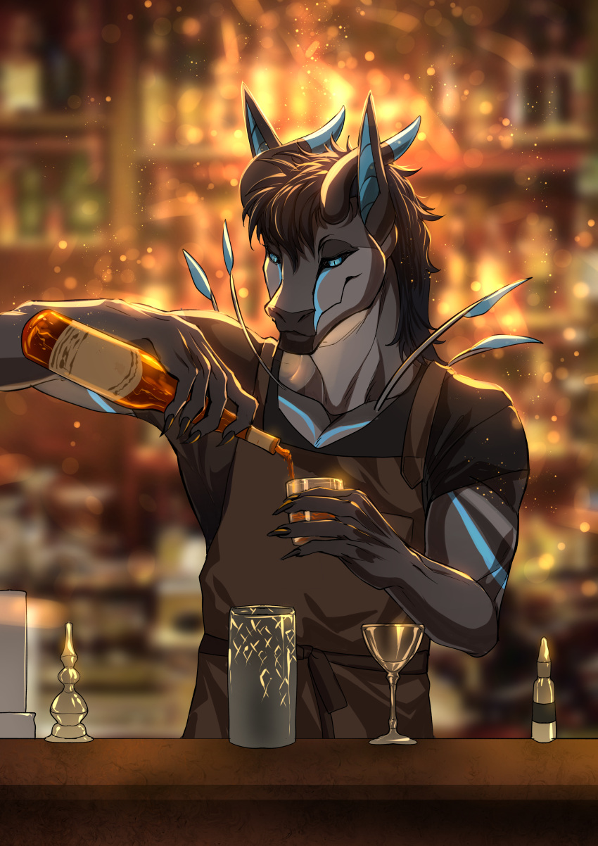 absurd_res alcohol antennae_(anatomy) anthro bartender beverage clothed clothing counter detailed_background ears_up eyewear glasses glowing glowing_ears glowing_eyes glowing_horn glowing_markings grave_(character) grey_body hair hi_res horn hybrid kurosasori92 lounge male markings shape_shifter solo solo_focus