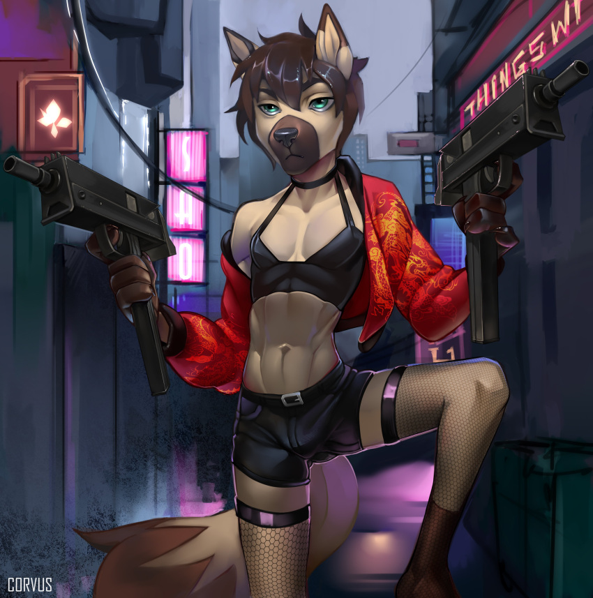 2019 5_fingers absurd_res anthro biped black_bottomwear black_clothing black_nose black_shorts black_topwear bottomwear brown_body brown_fur brown_hair building canid canine canis city city_background cityscape clothed clothing corvus_(artist) crop_top detailed_background digital_media_(artwork) dipstick_tail eyebrows fingers fishnet fishnet_legwear fluffy fluffy_tail fur girly green_eyes gun hair hi_res holding_gun holding_object holding_weapon hotpants jacket legwear mac-10 male mammal matthew_(articwuff) midriff multicolored_body multicolored_tail outside ranged_weapon red_clothing red_jacket red_topwear shirt shorts solo tan_body tan_fur topwear two_tone_body weapon wolf