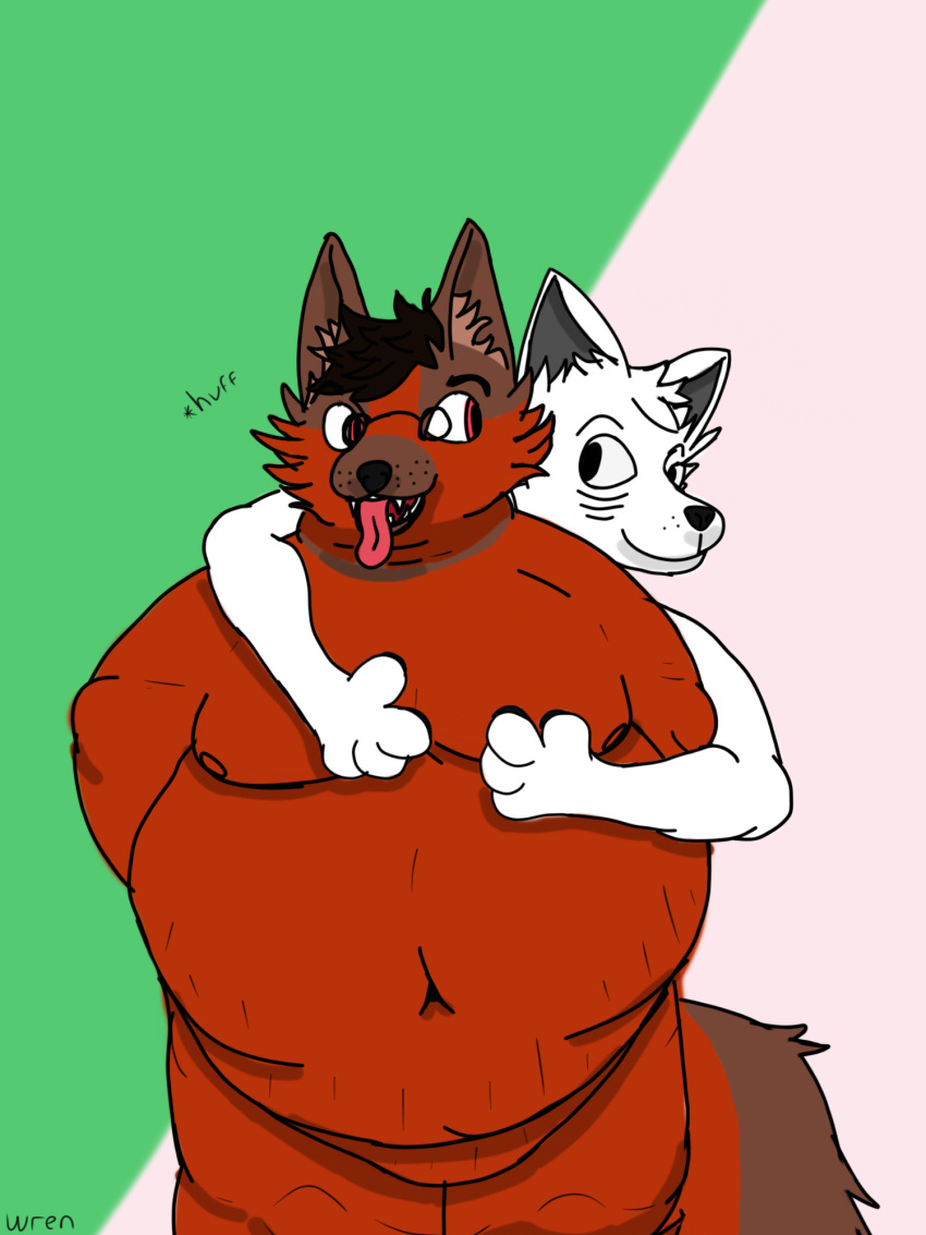 2021 3:4 abdominal_bulge ambiguous_gender anthro belly big_belly big_breasts black_eyebrows black_eyes black_hair black_nose black_text breasts brown_body brown_eyes brown_fur canid canine canis certhioid digital_media_(artwork) digital_painting_(artwork) domestic_dog duo ears_up eyebags eyebrows eyewear fur glasses gradient_background hair hand_on_breast hand_on_chest hi_res hug hyper hyper_belly inflation intersex intersex/intersex male male/male mammal multicolored_body nipples nude nude_male obese obese_anthro obese_male open_mouth overweight overweight_anthro overweight_intersex overweight_male phantho_(character) raised_eyebrow red_body red_fur simple_background skylar_(character) smile teeth text thick_thighs tongue tongue_out watermark white_body white_fur wren