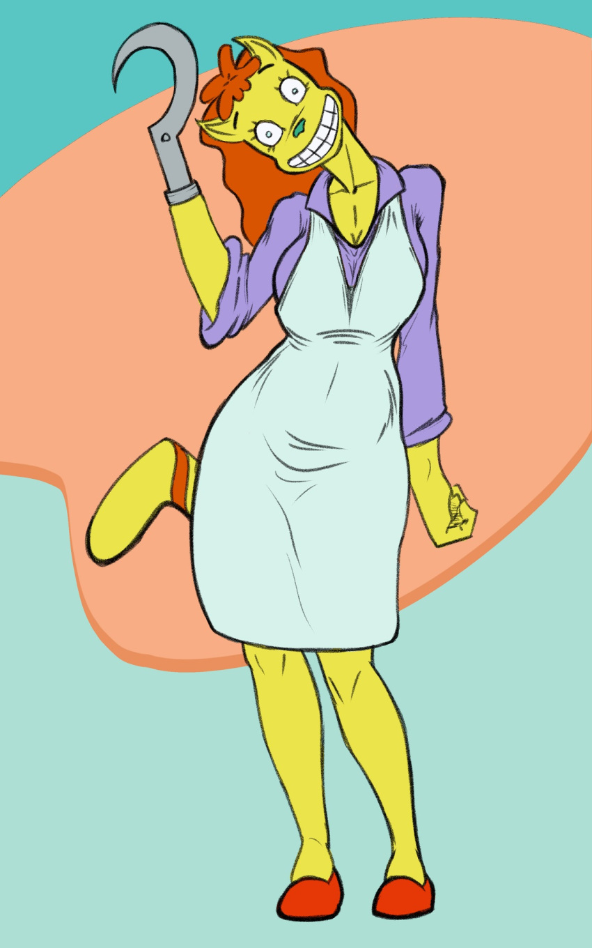 anthro big_breasts breasts cleavage clothed clothing crazy_eyes curvy_figure domestic_cat dr._hutchison felid feline felis female hi_res hook_hand insane mammal nickelodeon rocko's_modern_life solo wide_hips wsad_(artist)