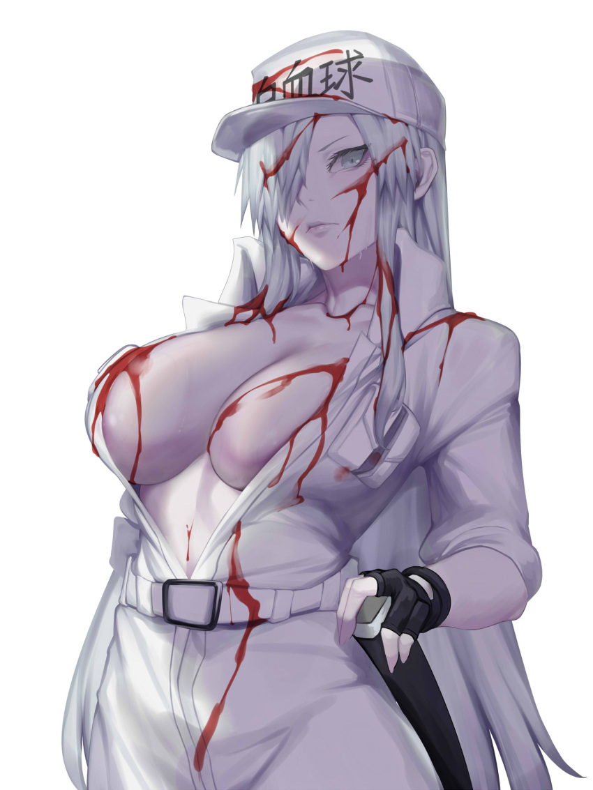 1girl absurdres after_battle baseball_cap belt black_gloves blood blood_on_face bloody_clothes breasts cleavage colored_skin commentary_request eyelashes fingerless_gloves gloves hair_over_one_eye hand_on_hilt hat hataraku_saibou hataraku_saibou_black high_collar highres kumiko_shiba large_breasts lips long_hair no_bra open_clothes pale_skin partially_unzipped silver_eyes silver_hair solo standing sweat very_long_hair white_background white_blood_cell_(hataraku_saibou) white_jumpsuit white_skin white_uniform