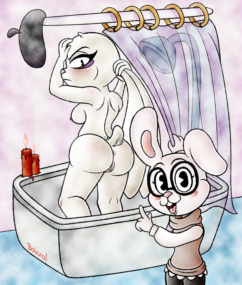 absurd_res angry anthro anus bathtub beret boleroofbooty breasts butt candle clothed clothing duo female genitals hat headgear headwear hi_res huge_filesize lagomorph leporid lerose looking_at_another mammal nipples nude parsnip_(game) parsnip_bunner pussy rabbit round_glasses shower shower_curtain side_boob sweater the_testimony_of_trixie_glimmer_smith topwear