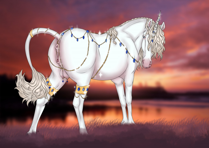 2018 anatomically_correct anatomically_correct_anus anatomically_correct_genitalia anatomically_correct_pussy animal_genitalia animal_pussy anus blue_eyes bracelet butt digital_media_(artwork) equid equine equine_anus equine_pussy fantasy female feral genitals hooves horn horse jewelry lake licking mammal mane pussy raised_tail royalty solo sunset tabascocat teats tongue tongue_out udders unicorn white_mane