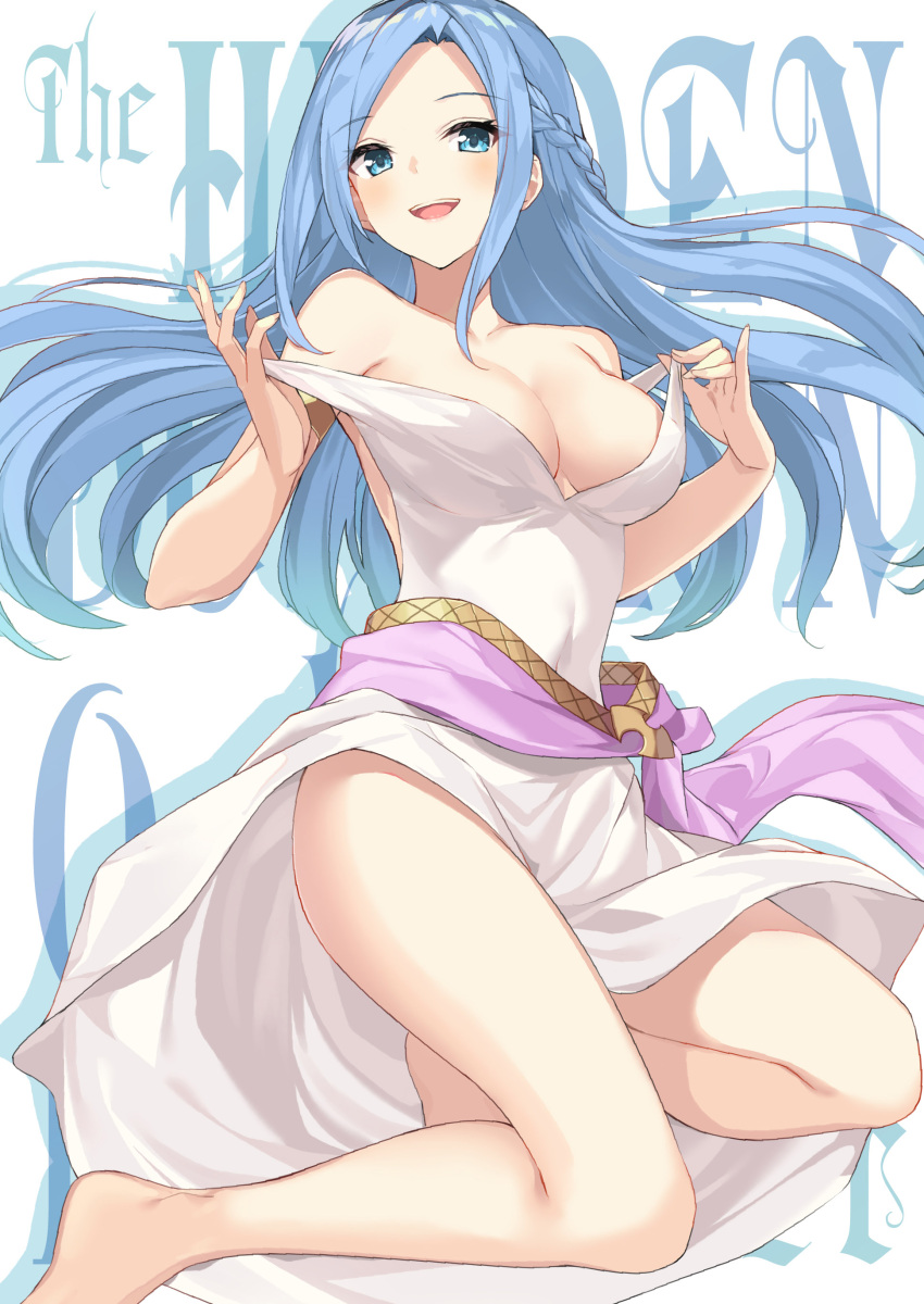 1girl absurdres bangs bare_legs bare_shoulders barefoot blue_eyes blue_hair breasts dress highres kneeling large_breasts long_hair looking_at_viewer no_bra official_art olivia_(ore_dake_haireru_kakushi_dungeon) open_mouth ore_dake_haireru_kakushi_dungeon parted_bangs smile undressing waistband white_background white_dress