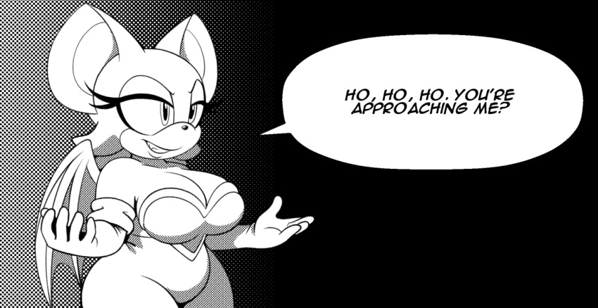 anthro armwear big_breasts breasts chiropteran cleavage clothed clothing dialogue elbow_gloves english_text female gloves handwear jojo's_bizarre_adventure mammal monochrome omegasunburst rouge_the_bat solo sonic_the_hedgehog_(series) text wings