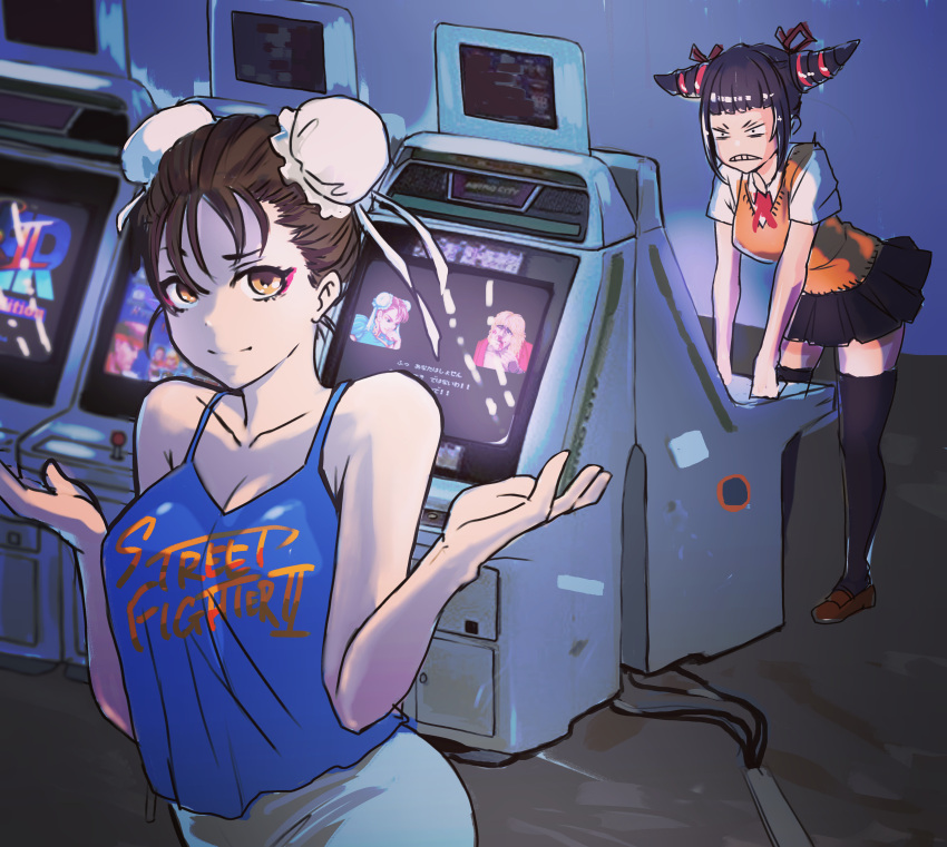 2girls 6maker absurdres alternate_costume angry arcade arcade_cabinet black_hair black_skirt breasts brown_eyes brown_hair bun_cover camisole casual chun-li cleavage clothes_writing double_bun excalibur_face han_juri highres looking_at_viewer medium_breasts multiple_girls playing_games pleated_skirt short_hair shrugging skirt street_fighter street_fighter_ii_(series) sweater_vest thighhighs w_arms zettai_ryouiki