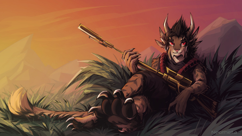 16:9 2021 4_toes 5_fingers anthro brown_body brown_fur charr day detailed_background digital_media_(artwork) feet felid fingers fur grass guild_wars gun hi_res horn looking_at_viewer mammal neotheta outside plant ranged_weapon red_eyes sky toes video_games weapon widescreen