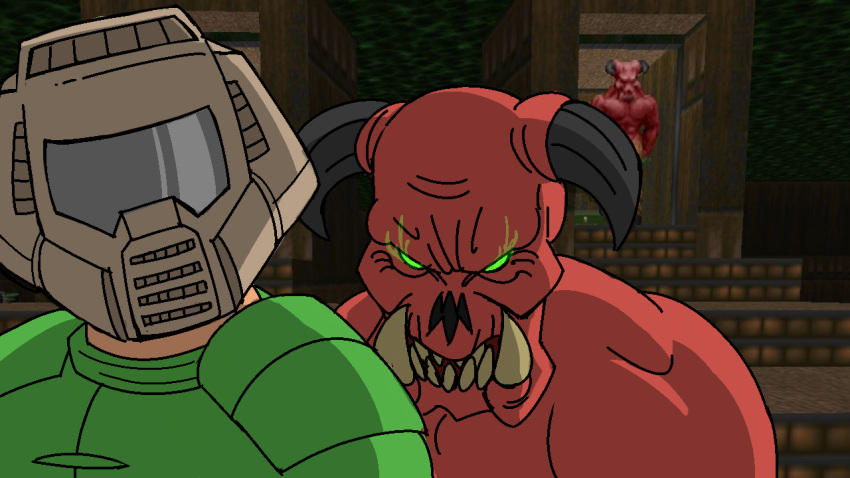16:9 armor baron_of_hell demon doom_(series) doom_guy fangs glowing glowing_eyes green_eyes headgear helmet horn human id_software male mammal meme naughty_dog red_body red_skin screencap screencap_background sony_corporation sony_interactive_entertainment the_last_of_us unknown_artist video_games widescreen