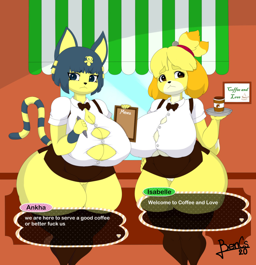 animal_crossing ankha_(animal_crossing) anthro bencs beverage big_breasts big_butt blue_eyes blue_hair bottomwear bow_tie breasts brown_eyes butt canid canine canis cleavage clothed clothing coffee coffee_cup cup dialogue domestic_cat domestic_dog dress duo egyptian english_text felid feline felis female fur genitals hair hand_on_hip hi_res holding_object holding_pen huge_breasts huge_butt huge_hips huge_thighs hyper hyper_breasts hyper_butt hyper_hips hyper_thighs inside isabelle_(animal_crossing) leggings legwear looking_at_viewer mammal menu nintendo pen profanity pussy shih_tzu skirt standing stockings text thick_thighs tight_clothing topwear toy_dog uraeus video_games waiter waitress_outfit wide_hips window yellow_body yellow_fur