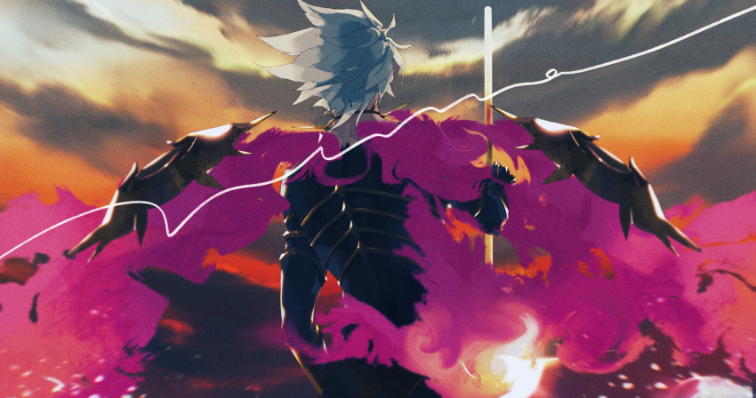 1boy armor choker colored_skin fate/apocrypha fate_(series) fire hand_on_hip highres holding holding_weapon karna_(fate) male_focus masuo1992 multicolored multicolored_skin two-tone_skin upper_body weapon white_hair