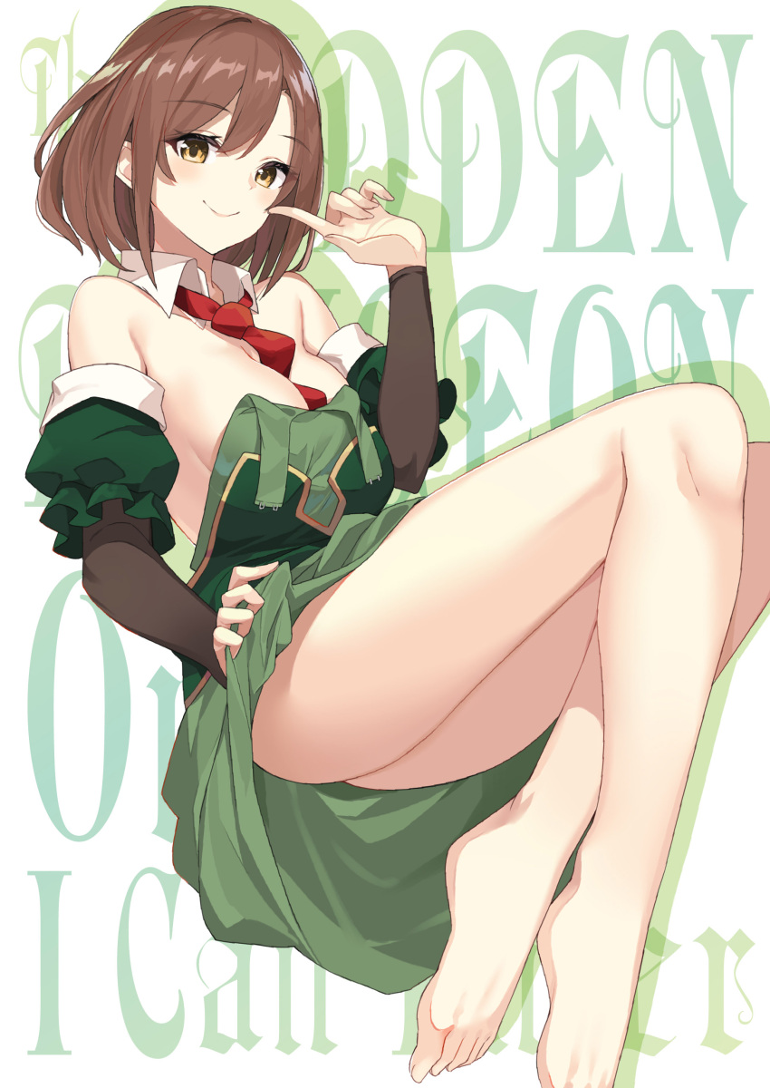 1girl absurdres bare_shoulders barefoot between_breasts breasts brown_eyes brown_hair cleavage detached_collar detached_sleeves dress feet green_dress grin highres holding holding_clothes holding_dress lola_(ore_dake_haireru_kakushi_dungeon) looking_at_viewer necktie necktie_between_breasts official_art ore_dake_haireru_kakushi_dungeon red_neckwear short_hair smile white_background