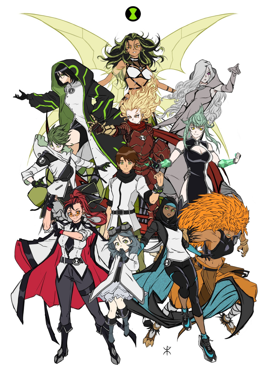 1boy 6+girls alien apoloniodraws ben_10 benjamin_kirby_tennyson black-framed_eyewear black_coat black_hair coat dark_skin dark_skinned_female diamondhead four_arms genderswap genderswap_(mtf) ghostfreak glasses gloves gogg goggles goggles_on_head gray_matter green_eyes green_hair grey_gloves hair_over_eyes highres hijab hood hood_down jewelry long_coat messy_hair multiple_girls necktie omnitrix orange_eyes orange_eyewear orange_hair pale_skin personification puffy_shorts ripjaw scar shoes shorts simple_background single_earring sleeveless sneakers stinkfly upgrade watch white_background wildmutt xlr8