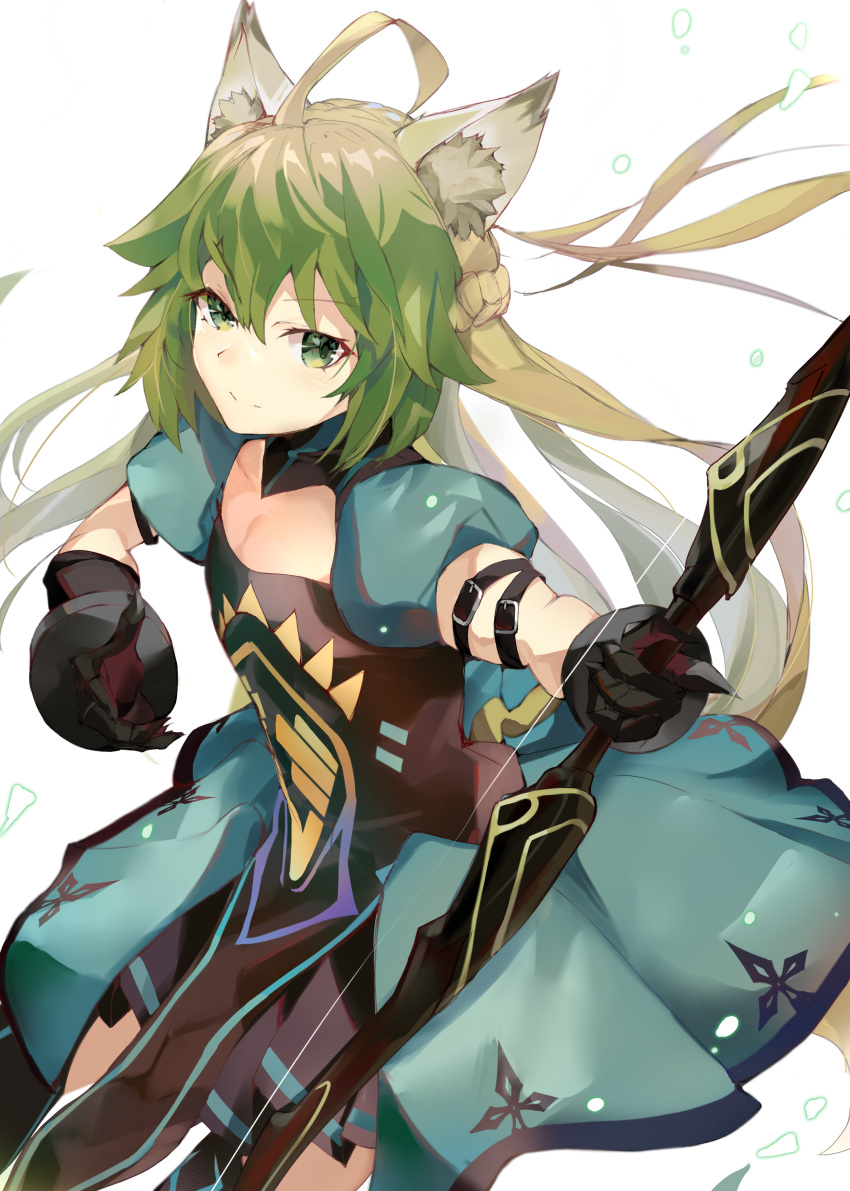 1girl absurdres ahoge animal_ears atalanta_(fate) blonde_hair bow_(weapon) cat_ears dress fate/apocrypha fate_(series) gauntlets green_hair highres holding holding_bow_(weapon) holding_weapon long_hair multicolored_hair puffy_short_sleeves puffy_sleeves same_(sendai623) short_sleeves simple_background solo two-tone_hair weapon white_background