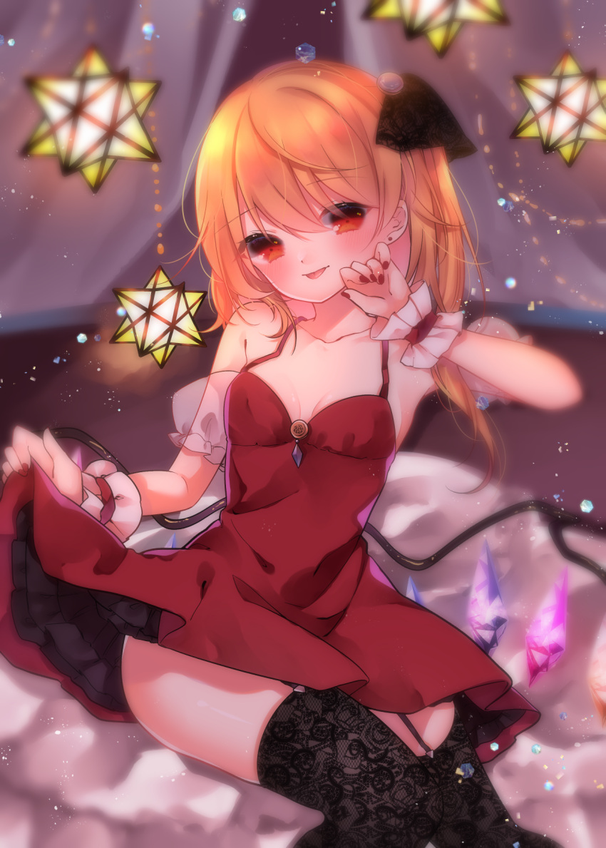 1girl :p alternate_costume arm_up bare_arms black_legwear blonde_hair blurry blurry_background breasts brooch cacao_(cacaomgmg) cleavage commentary_request cowboy_shot curtains detached_sleeves dress dress_lift eyebrows_visible_through_hair fingernails flandre_scarlet garter_straps hair_between_eyes hair_ribbon hanging_light highres jewelry lace lace_legwear lifted_by_self looking_at_viewer nail_polish no_hat no_headwear one_side_up petticoat puffy_short_sleeves puffy_sleeves red_dress red_eyes red_nails ribbon see-through_sleeves short_sleeves sitting small_breasts solo thighhighs tongue tongue_out touhou wings wrist_cuffs